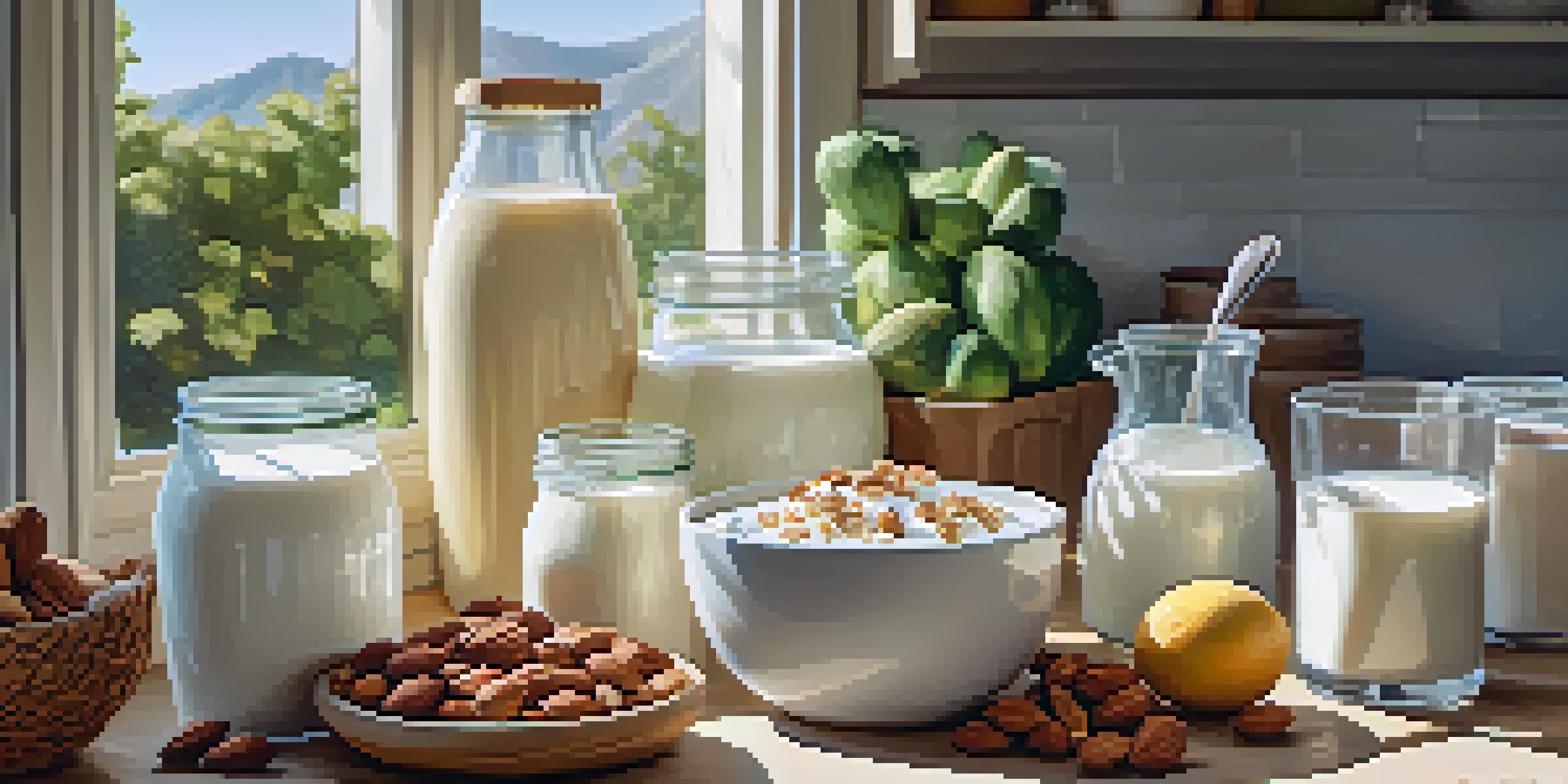 A bright kitchen with various plant-based dairy alternatives like almond milk and coconut yogurt on a wooden countertop, surrounded by fresh fruits and nuts.