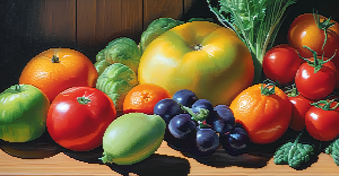 A close-up display of colorful fruits and vegetables on a wooden table, emphasizing their textures and freshness.