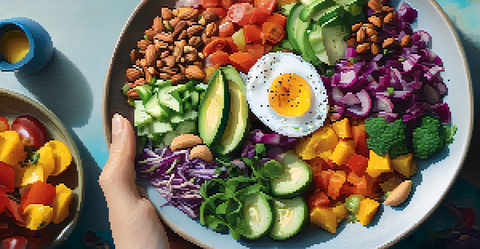 A close-up of a hand holding a colorful salad filled with various vegetables and nuts, emphasizing healthy eating.