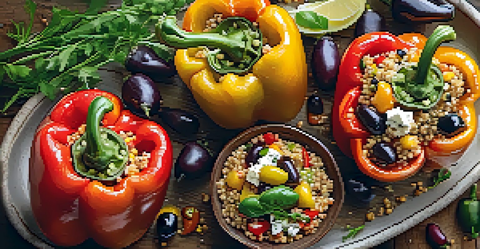 A platter of colorful Mediterranean stuffed peppers filled with quinoa and feta, surrounded by fresh herbs on a wooden table.