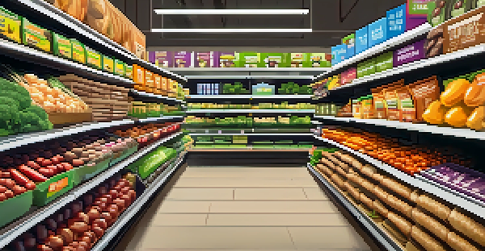 A grocery store aisle showcasing a variety of vegetarian products, with colorful packaging and fresh vegetables in a basket.