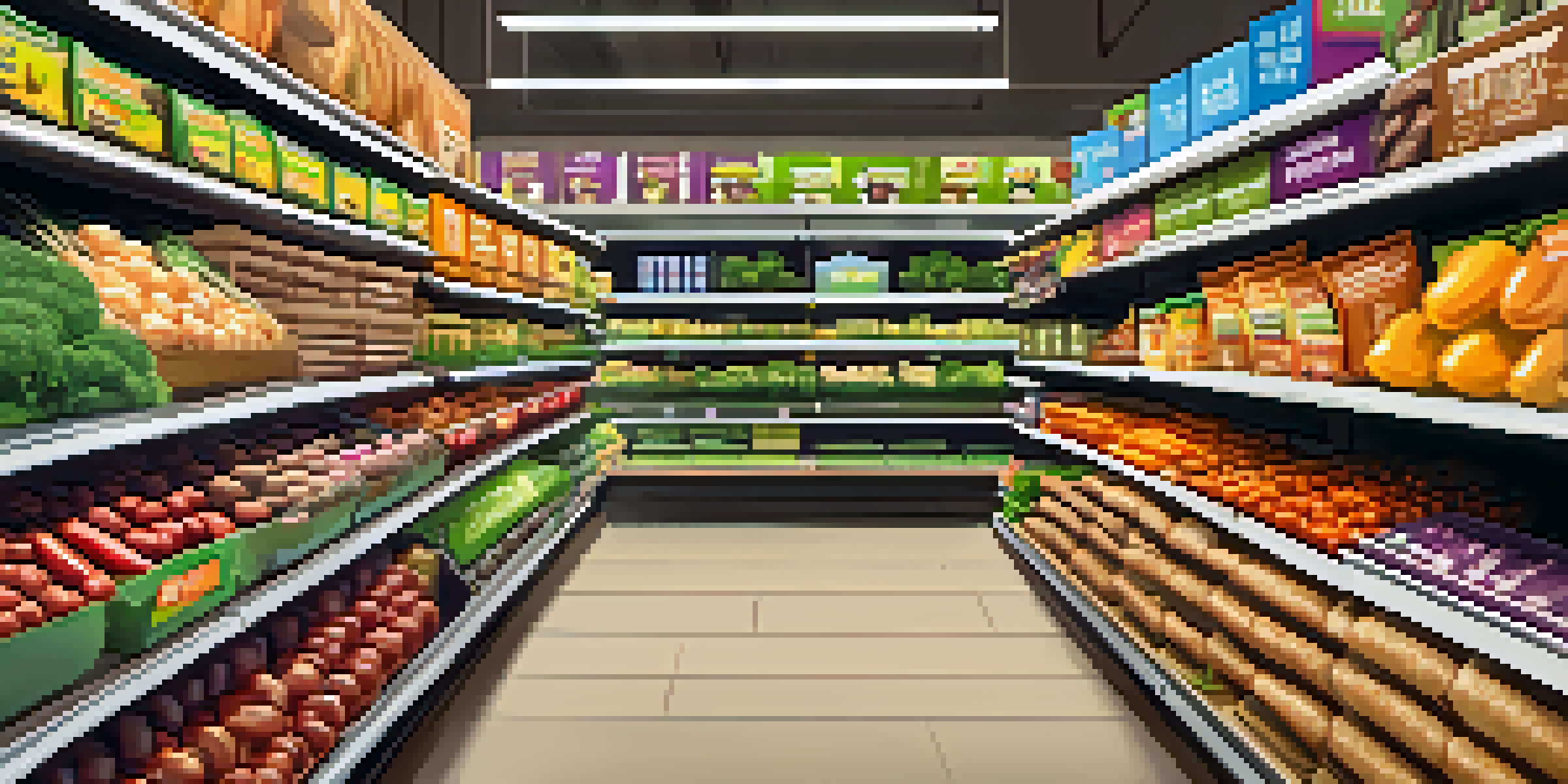 A grocery store aisle showcasing a variety of vegetarian products, with colorful packaging and fresh vegetables in a basket.