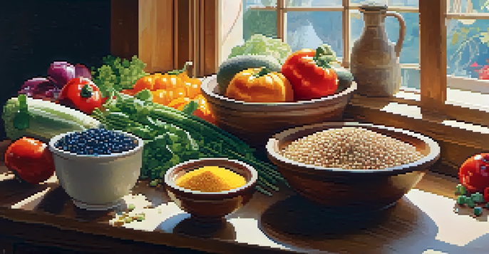 A kitchen counter filled with colorful vegetables, grains, and legumes, illuminated by sunlight.
