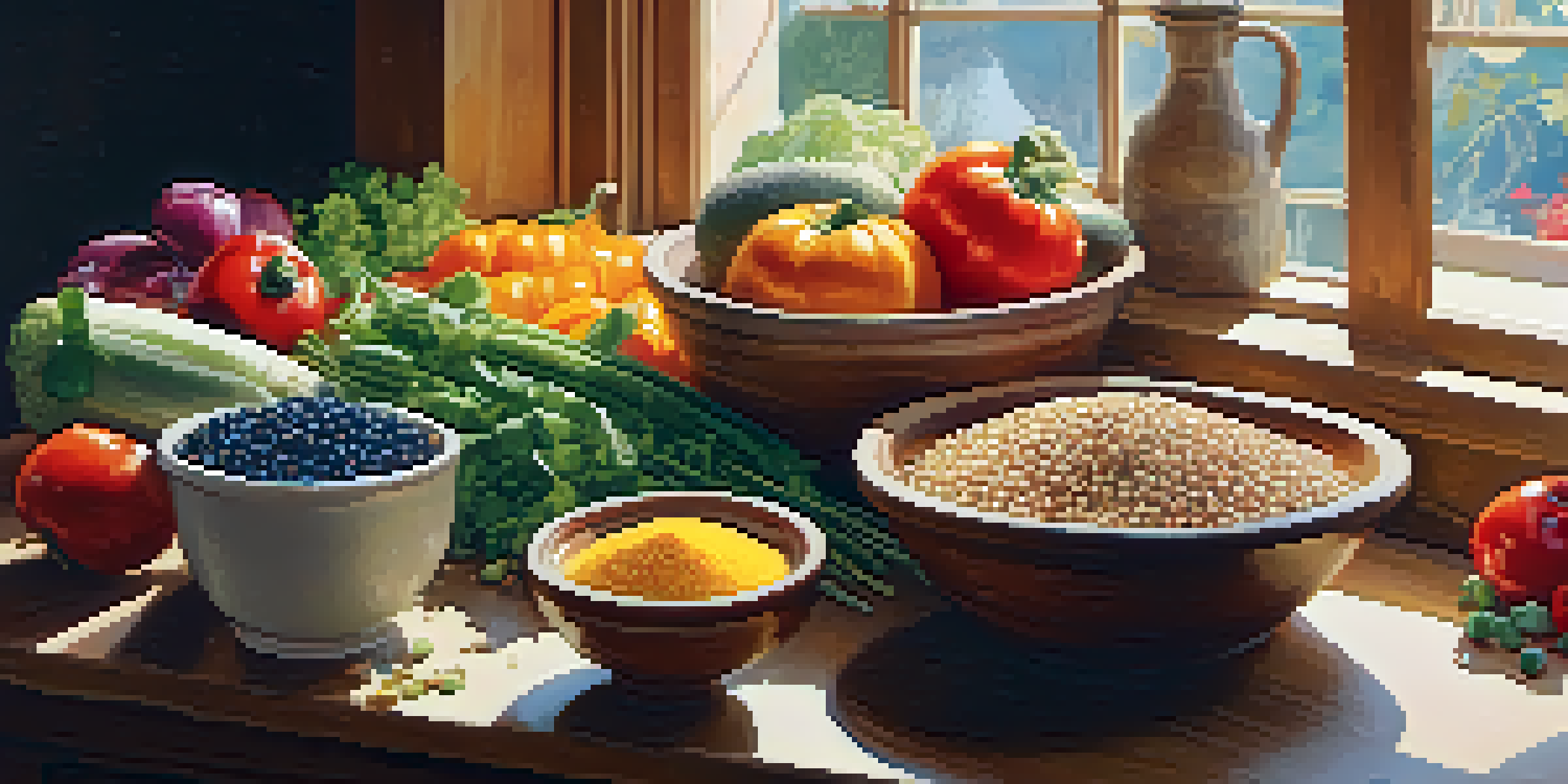 A kitchen counter filled with colorful vegetables, grains, and legumes, illuminated by sunlight.