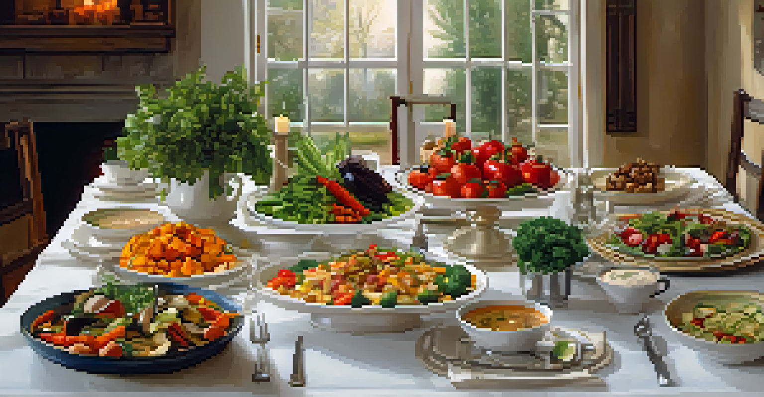 A beautifully set dining table with a variety of vegetarian dishes, illuminated by soft candlelight.