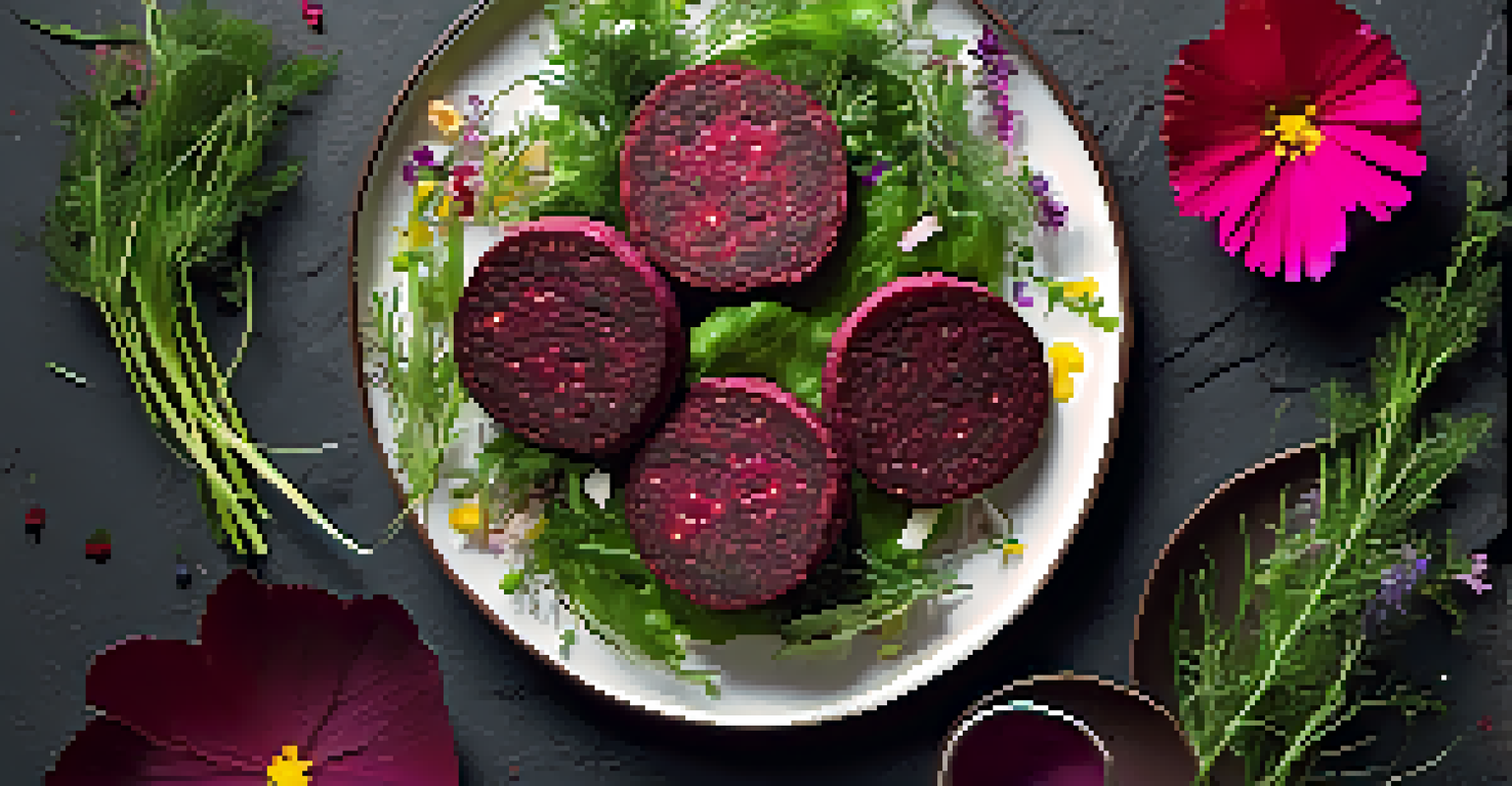 A plate of beet patties garnished with dill and a salad of foraged greens and flowers on a dark stone surface.