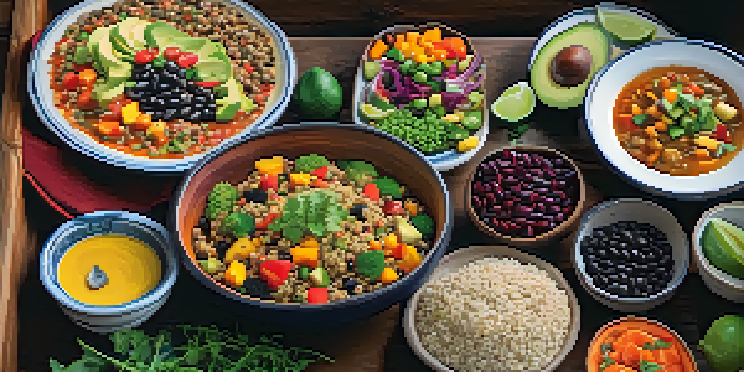 A colorful vegetarian meal spread on a wooden table, featuring quinoa salad, vegetable stir-fry, and vegetable soup, with natural sunlight enhancing the colors.