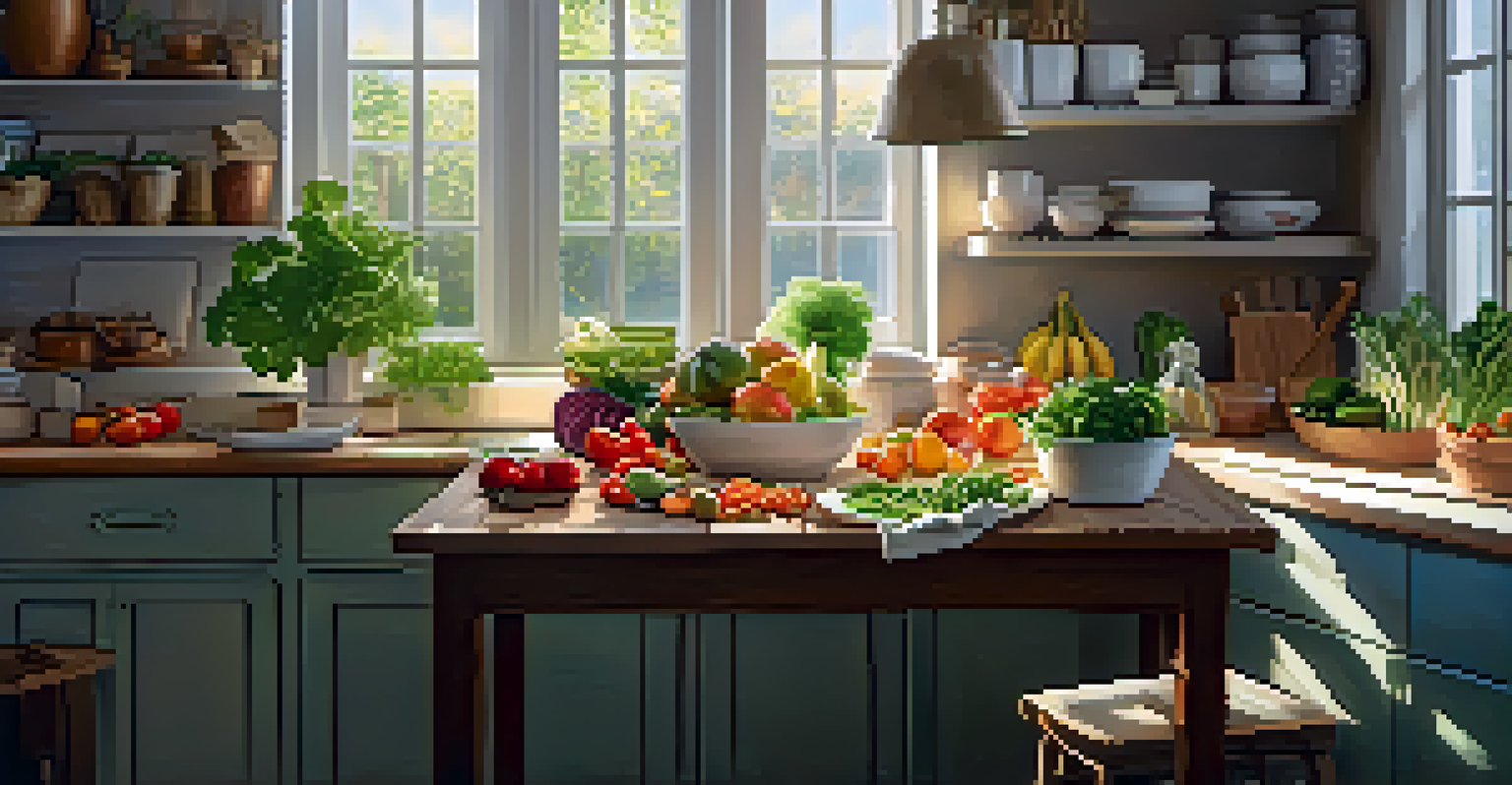 A cozy kitchen table filled with fresh plant-based ingredients and an open cookbook, bathed in warm natural light.