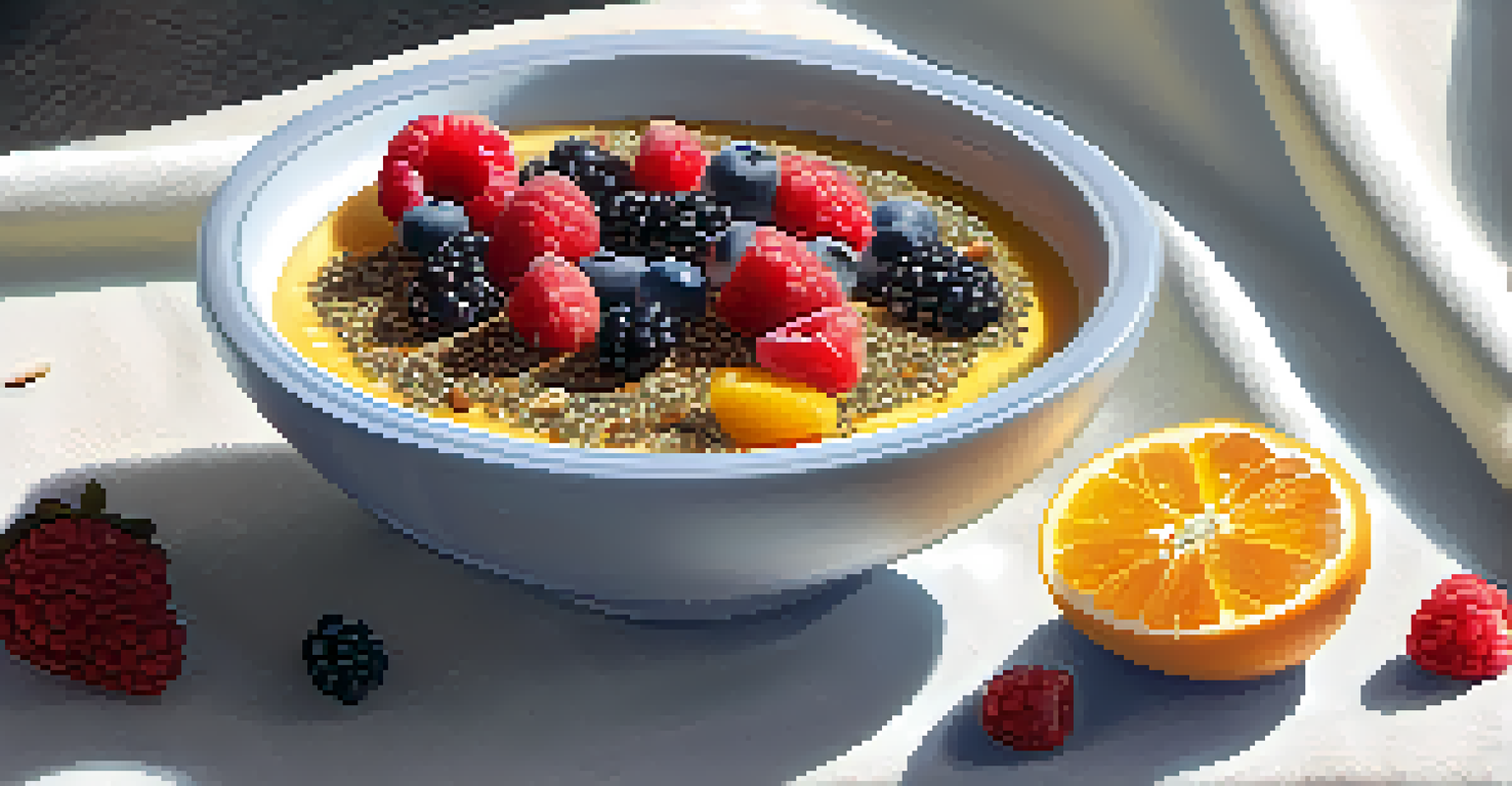A close-up view of a breakfast bowl filled with chia seeds, fresh fruits, and nuts on a bright tablecloth, with honey in a jar beside it.