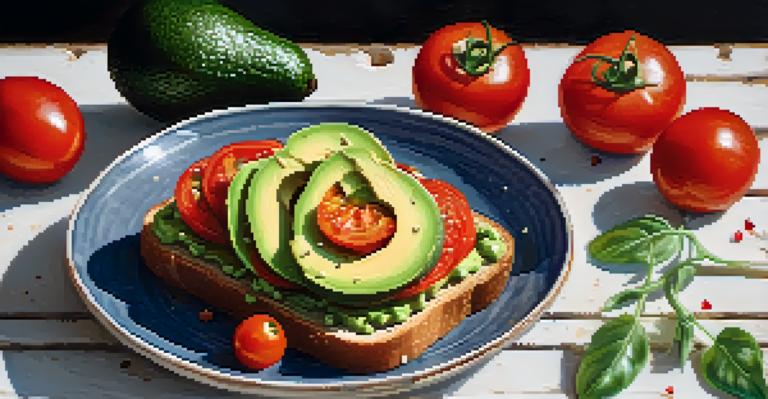 A plate of avocado toast topped with tomatoes and sesame seeds, presented on a rustic table.