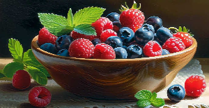 A wooden bowl filled with assorted fresh berries, including blueberries, strawberries, and raspberries, in a softly lit kitchen setting.