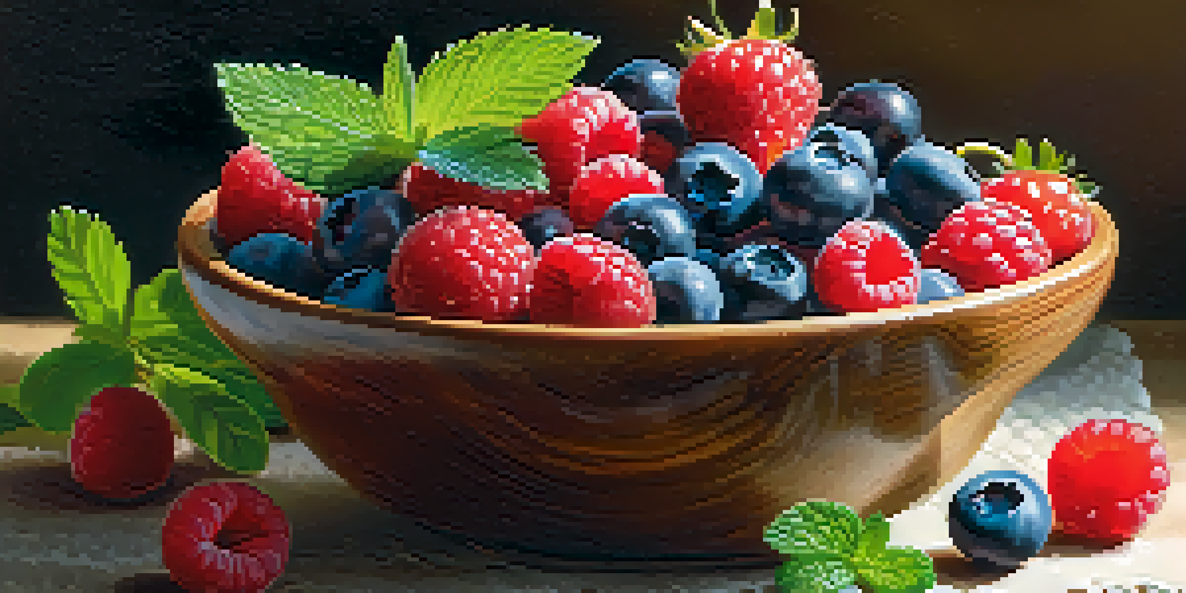 A wooden bowl filled with assorted fresh berries, including blueberries, strawberries, and raspberries, in a softly lit kitchen setting.