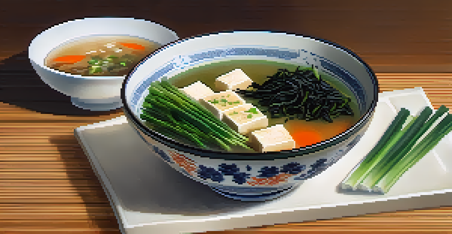 A steaming bowl of miso soup with tofu, seaweed, and vegetables on a wooden table.