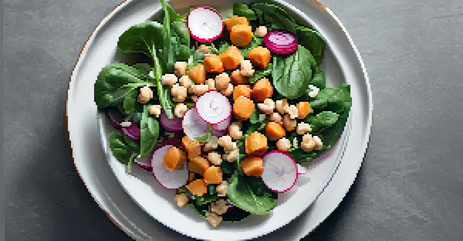 A close-up of a nutritious salad with spinach, chickpeas, and colorful vegetables in a white bowl.