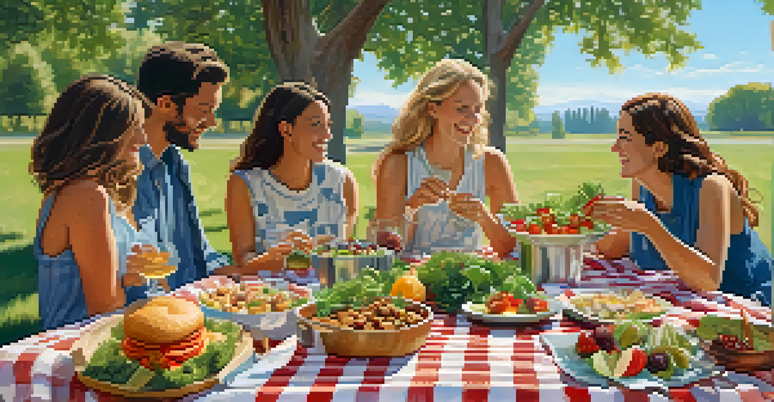 A cheerful outdoor picnic with friends enjoying a variety of plant-based dishes on a checkered blanket surrounded by nature.