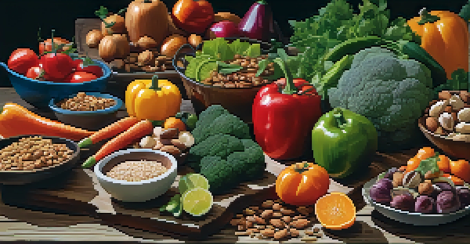 A colorful vegetarian meal spread on a wooden table, featuring various fresh vegetables, fruits, nuts, and grains, with warm lighting and artistic arrangement.