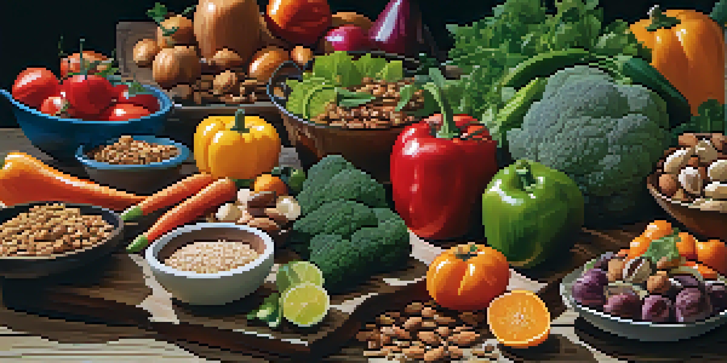 A colorful vegetarian meal spread on a wooden table, featuring various fresh vegetables, fruits, nuts, and grains, with warm lighting and artistic arrangement.