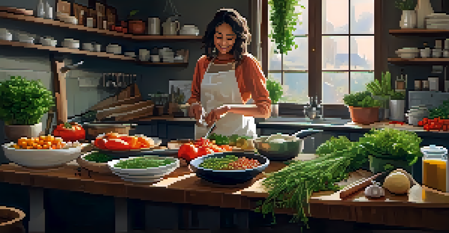 A cozy kitchen with a person preparing a vegetarian dish, surrounded by fresh ingredients.