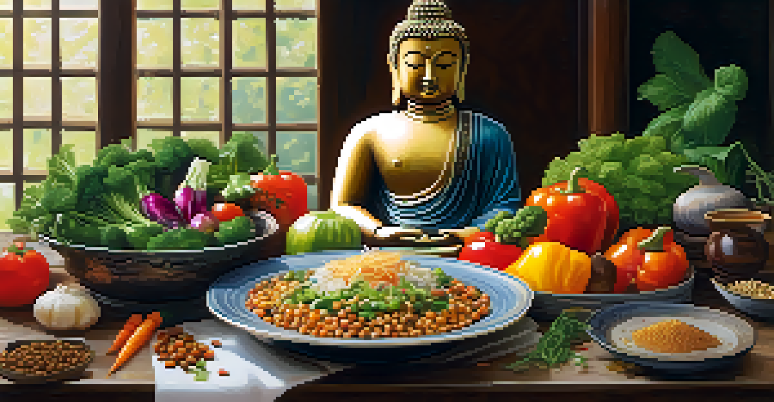 A vibrant vegetarian meal beautifully arranged on a wooden table, with a Buddha statue in the background.