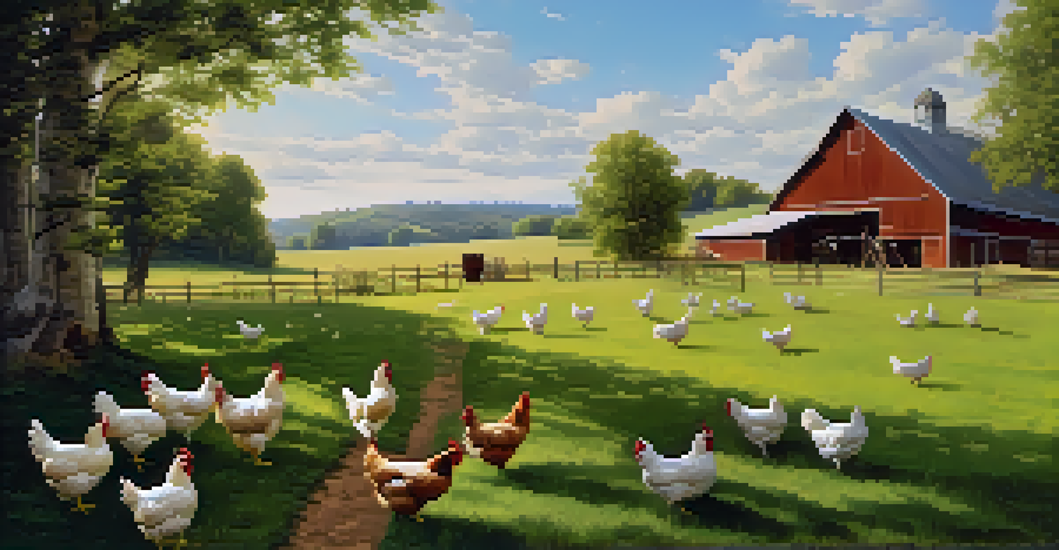 A tranquil pasture with free-range chickens under warm sunlight, rustic barn in the background.