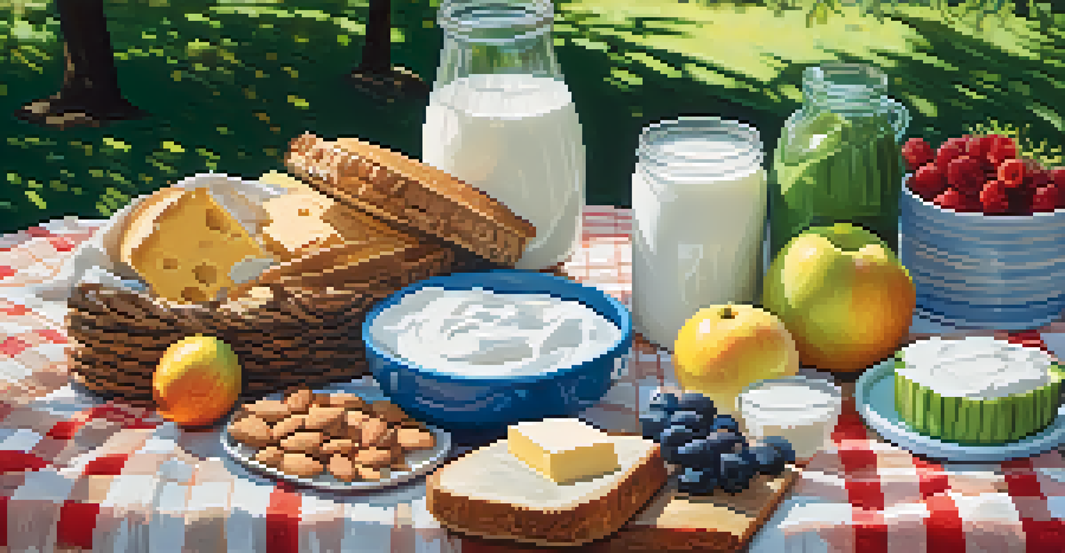 An outdoor picnic setup with a blanket showcasing various plant-based dairy products, surrounded by greenery and sunlight filtering through the leaves.