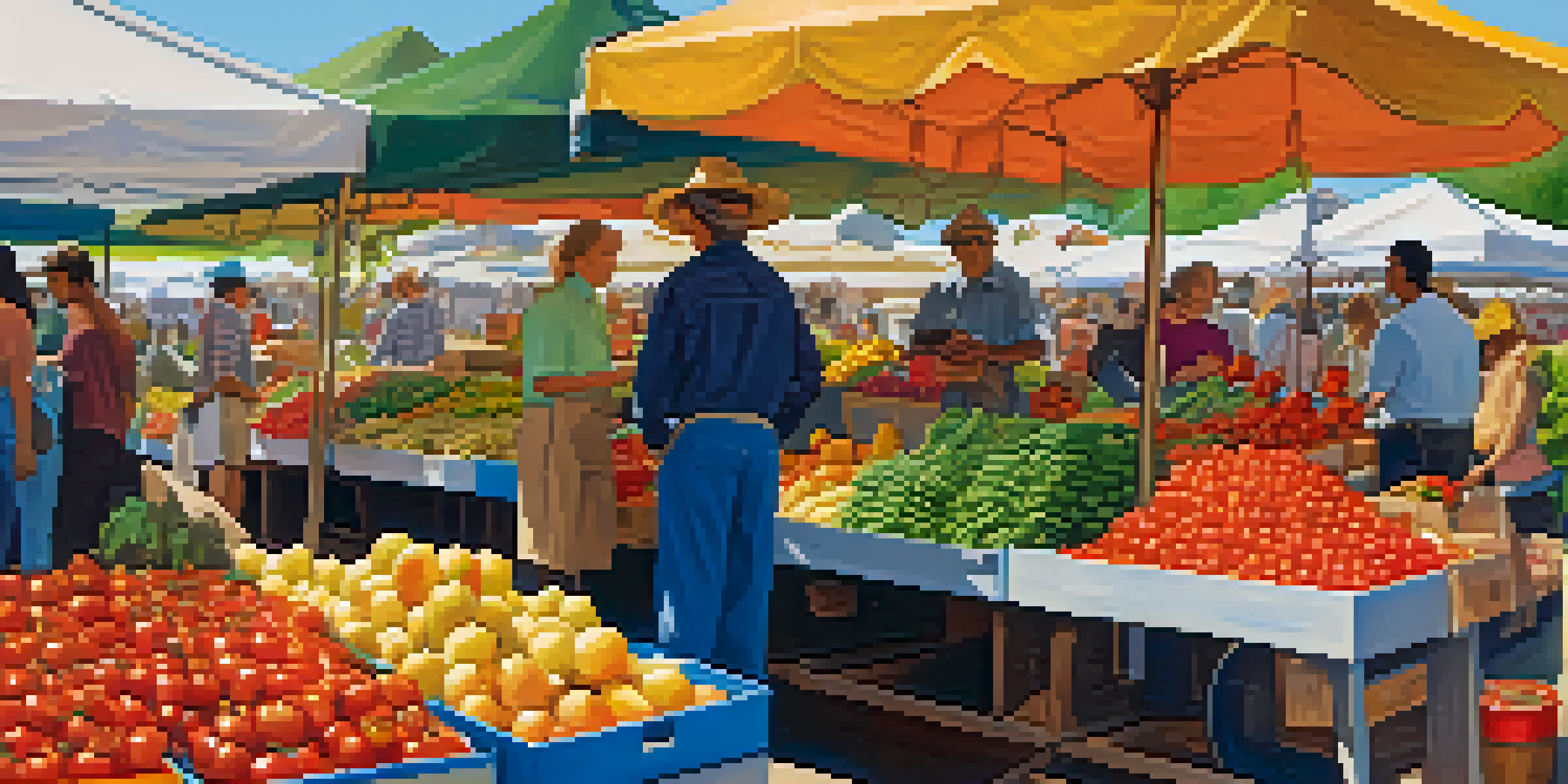 A bustling farmer's market with colorful vegetables and fruits, vendors, and shoppers.