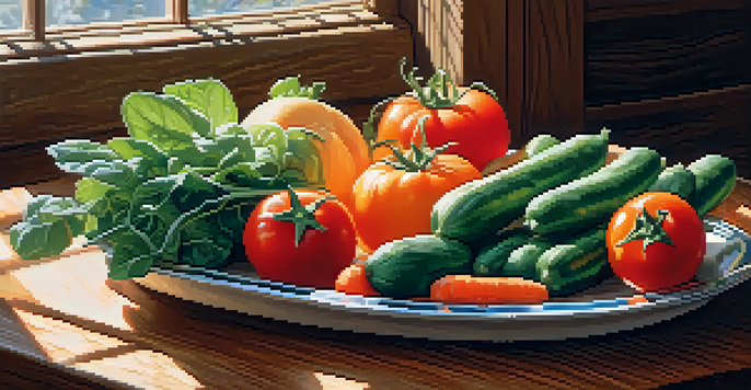 A vibrant vegetarian platter with assorted fresh fruits and vegetables displayed on a wooden table, illuminated by natural sunlight.