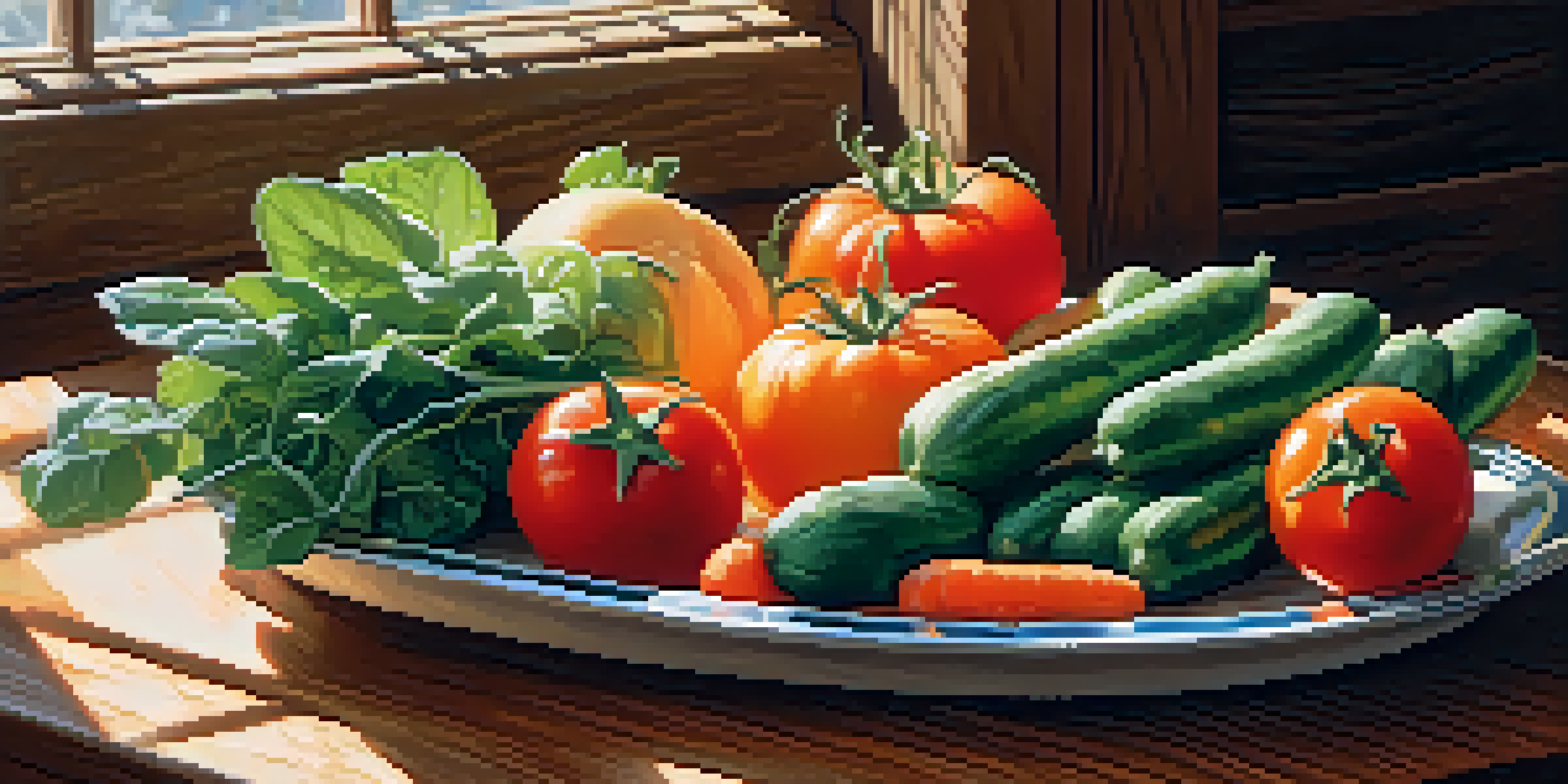 A vibrant vegetarian platter with assorted fresh fruits and vegetables displayed on a wooden table, illuminated by natural sunlight.