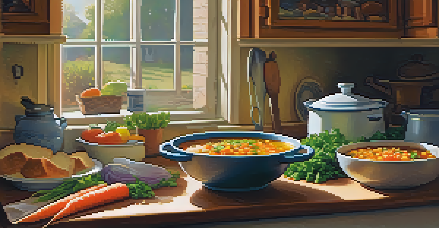 A pot of vegetable soup simmering on the stove with diced vegetables, and a bowl of soup with crusty bread on the kitchen counter.