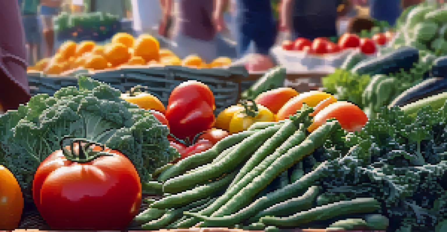 A close-up of a hand holding a basket of fresh vegetables like kale and tomatoes, with a farmers' market in the background.