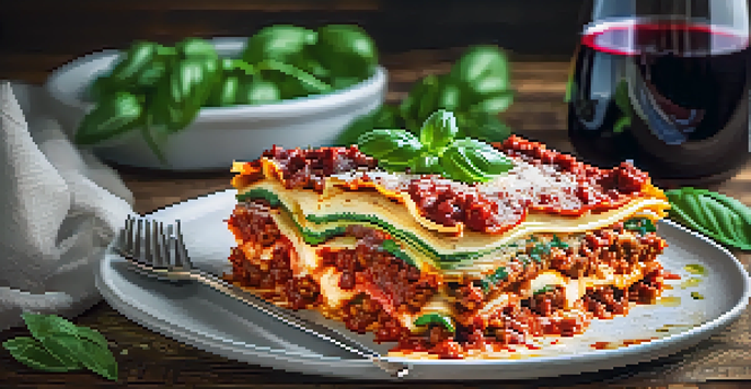 A colorful vegan lasagna on a wooden table, garnished with basil, accompanied by a glass of red wine.