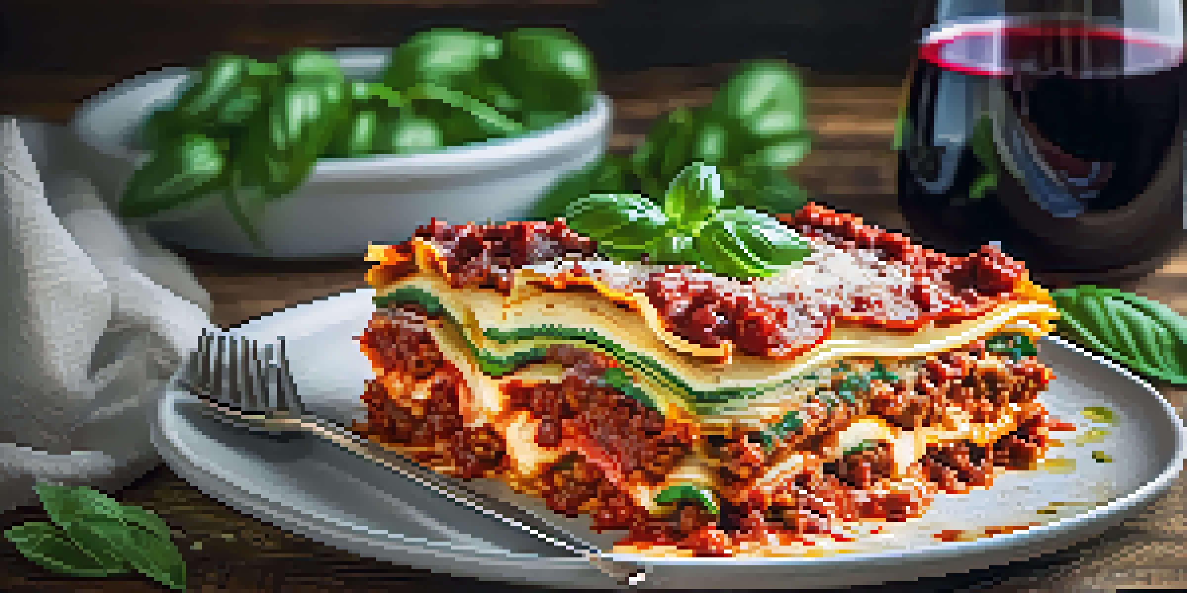 A colorful vegan lasagna on a wooden table, garnished with basil, accompanied by a glass of red wine.