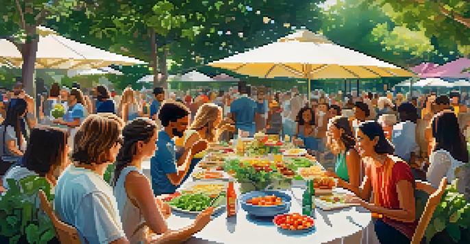 A diverse group of people enjoying a vegetarian potluck in a sunny park, with colorful dishes and a lush green background.
