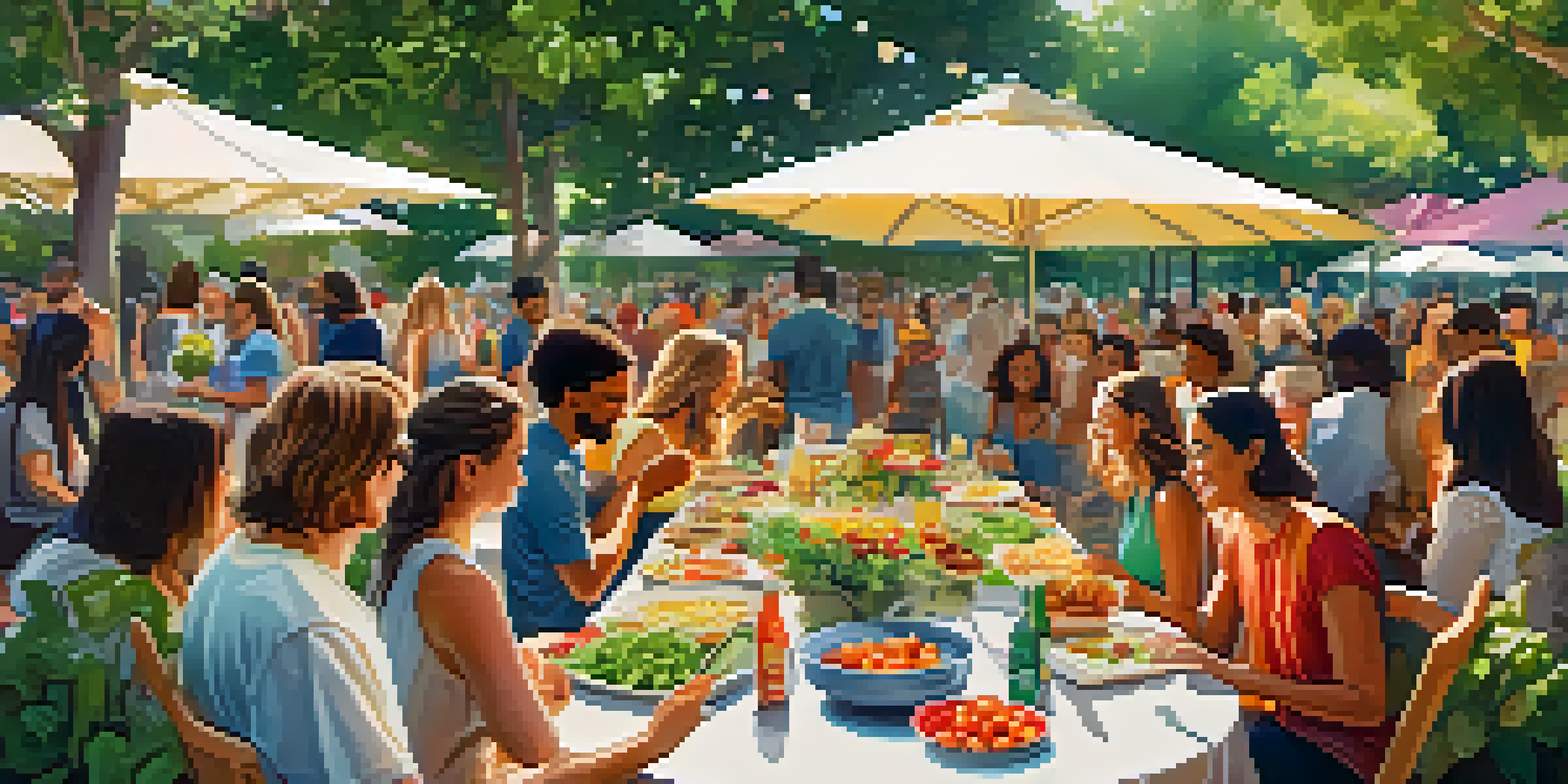 A diverse group of people enjoying a vegetarian potluck in a sunny park, with colorful dishes and a lush green background.