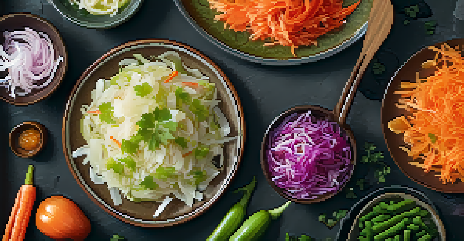 A close-up of a platter with an assortment of colorful fermented foods like sauerkraut and kimchi, set against a dark slate background.