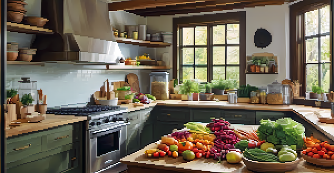 A kitchen filled with colorful plant-based ingredients like vegetables, fruits, nuts, and grains on a wooden countertop, illuminated by natural light.