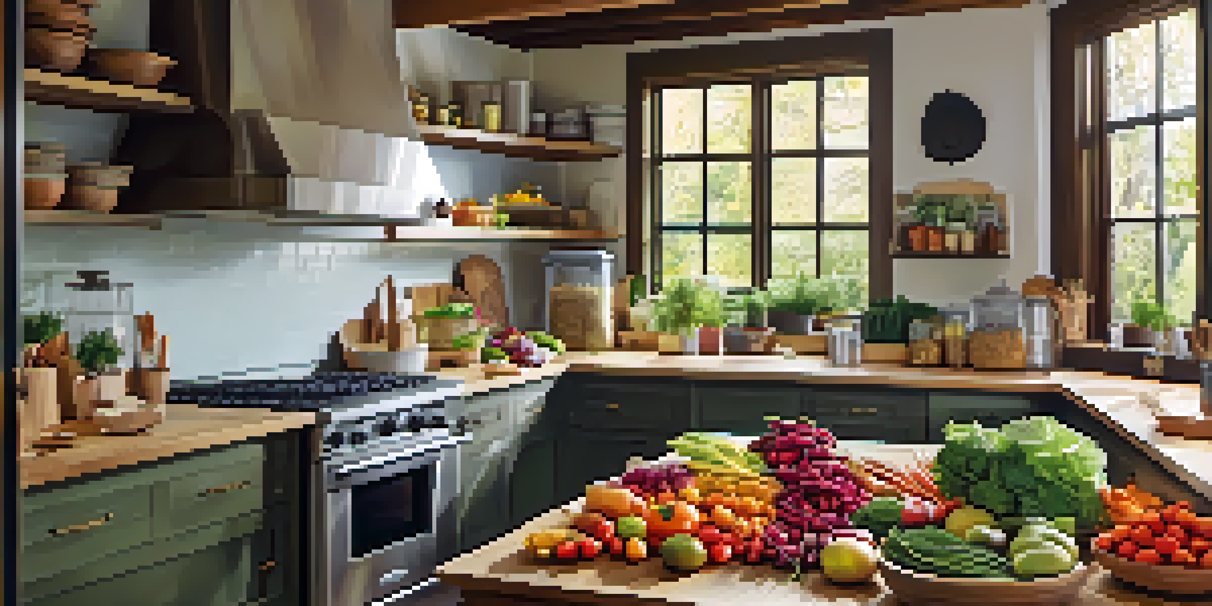 A kitchen filled with colorful plant-based ingredients like vegetables, fruits, nuts, and grains on a wooden countertop, illuminated by natural light.