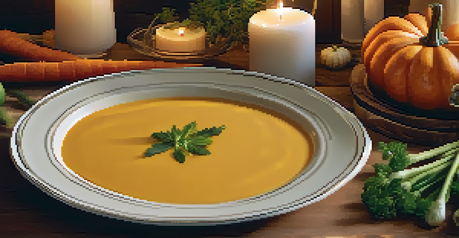 An elegant plate of pumpkin soup garnished with herbs, surrounded by autumn vegetables in a warm dining setting.
