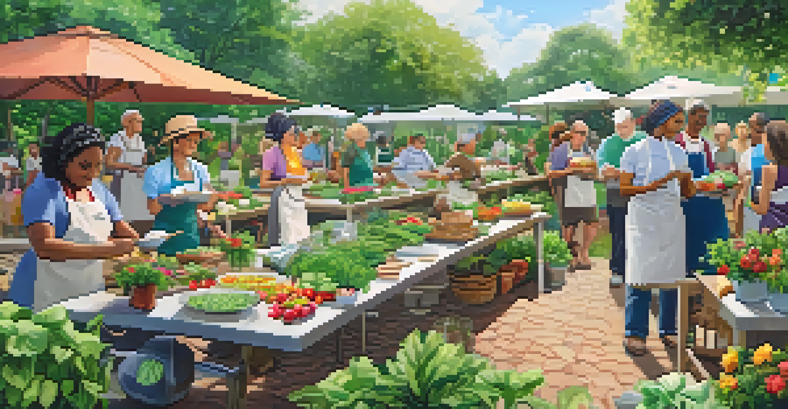 A community cooking class in a garden where diverse participants are preparing vegetarian meals with fresh produce.