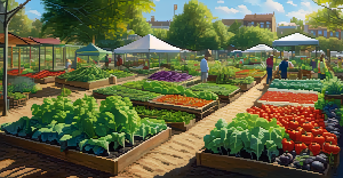 A colorful community garden with diverse vegetables and herbs under sunlight.