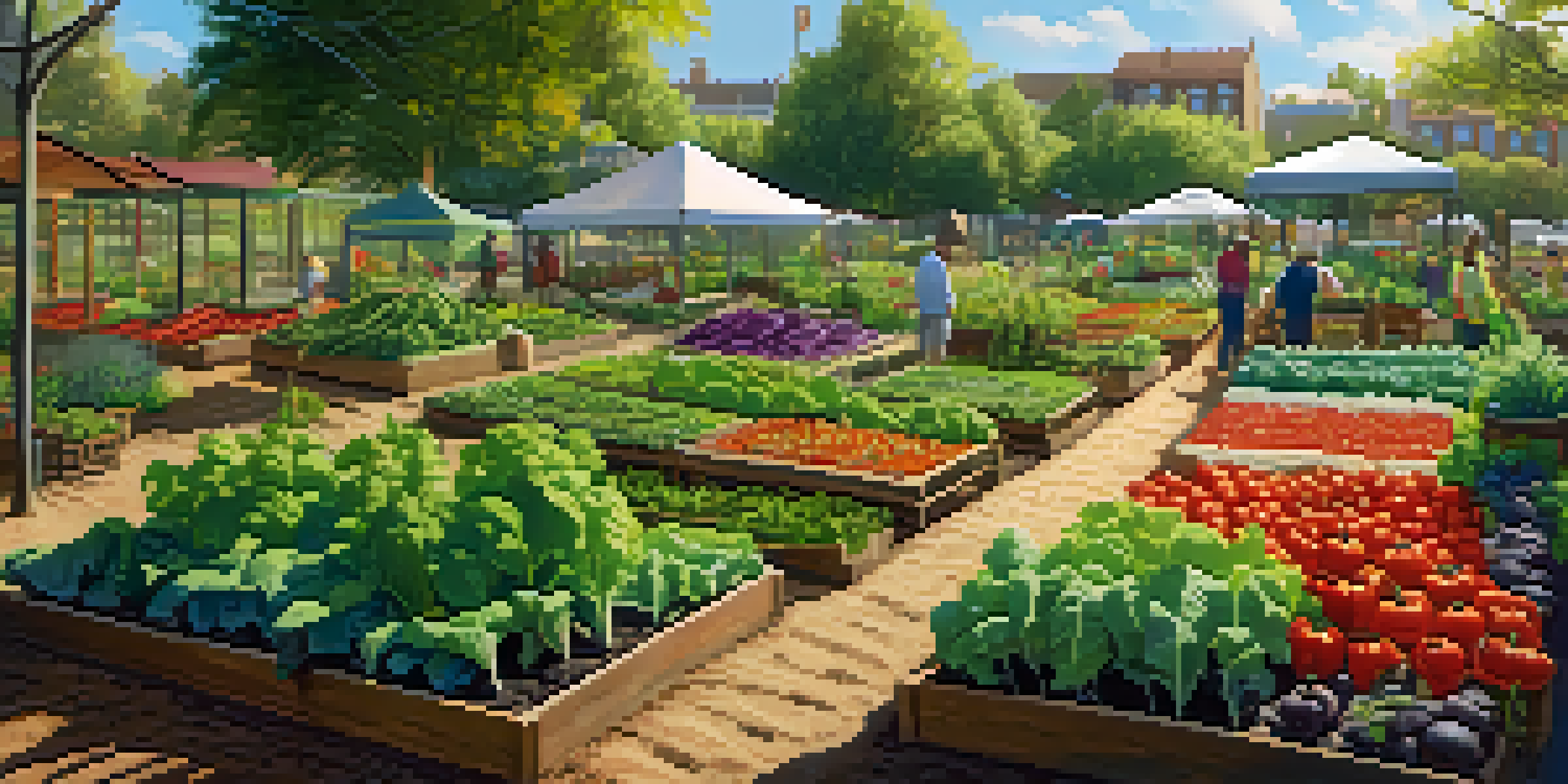 A colorful community garden with diverse vegetables and herbs under sunlight.