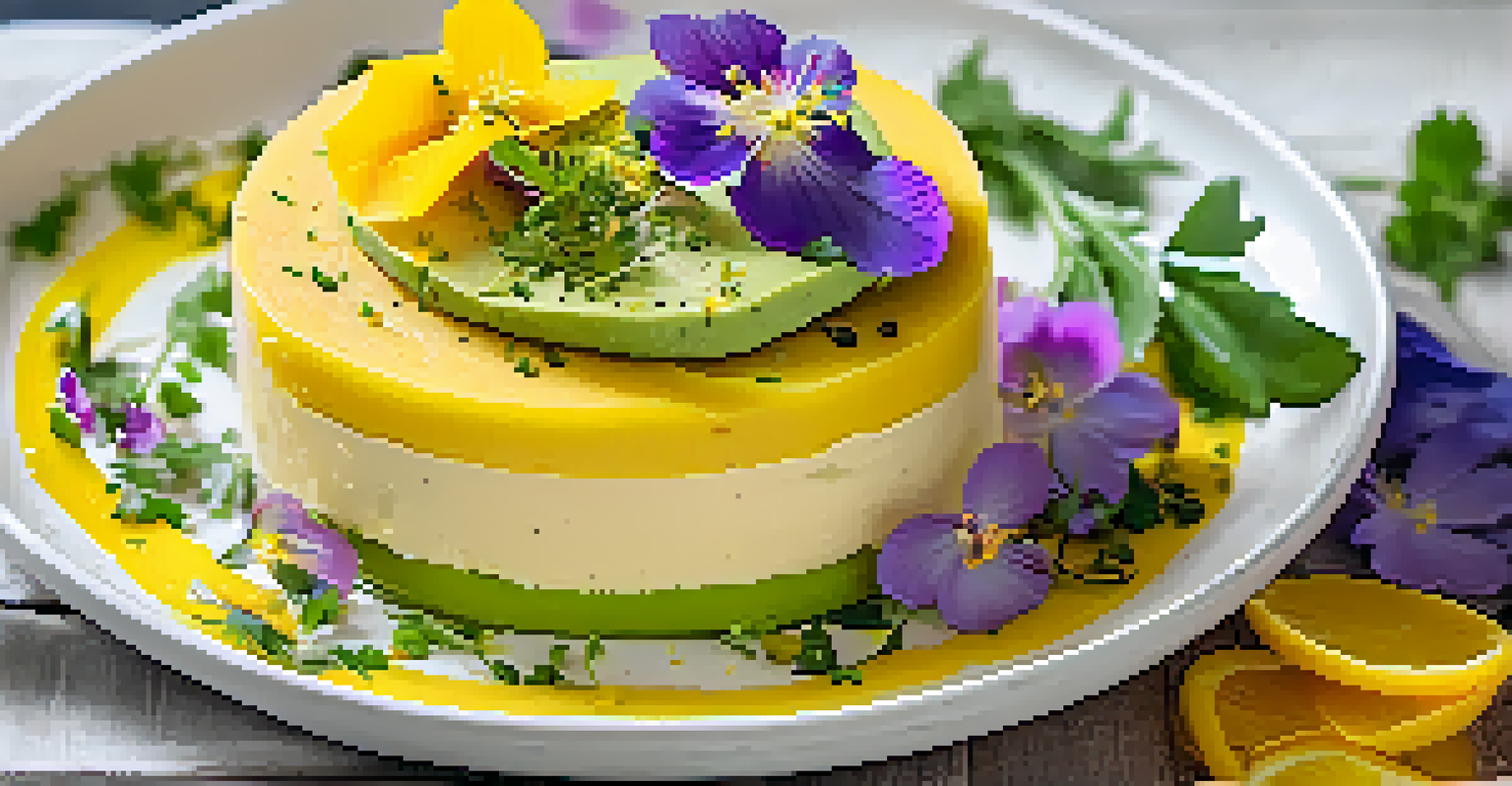 A layered Peruvian causa dish with mashed potatoes and avocado, garnished with herbs and edible flowers, on a white plate.