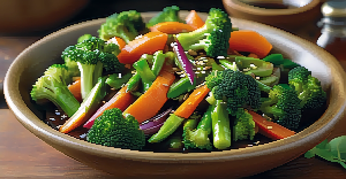 A colorful one-pot vegetable stir-fry with broccoli, snap peas, and carrots in a rustic bowl, garnished with sesame seeds.