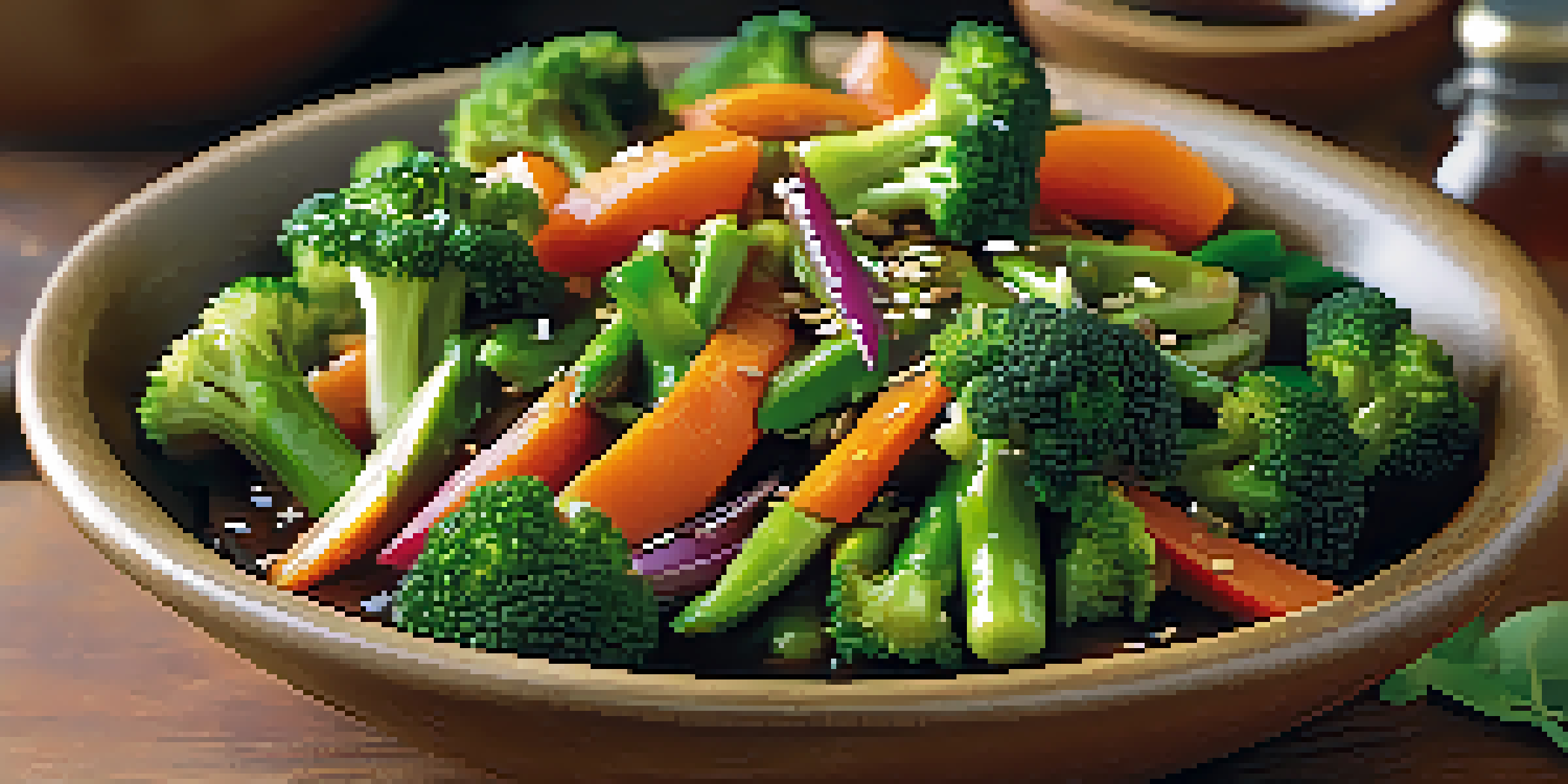 A colorful one-pot vegetable stir-fry with broccoli, snap peas, and carrots in a rustic bowl, garnished with sesame seeds.