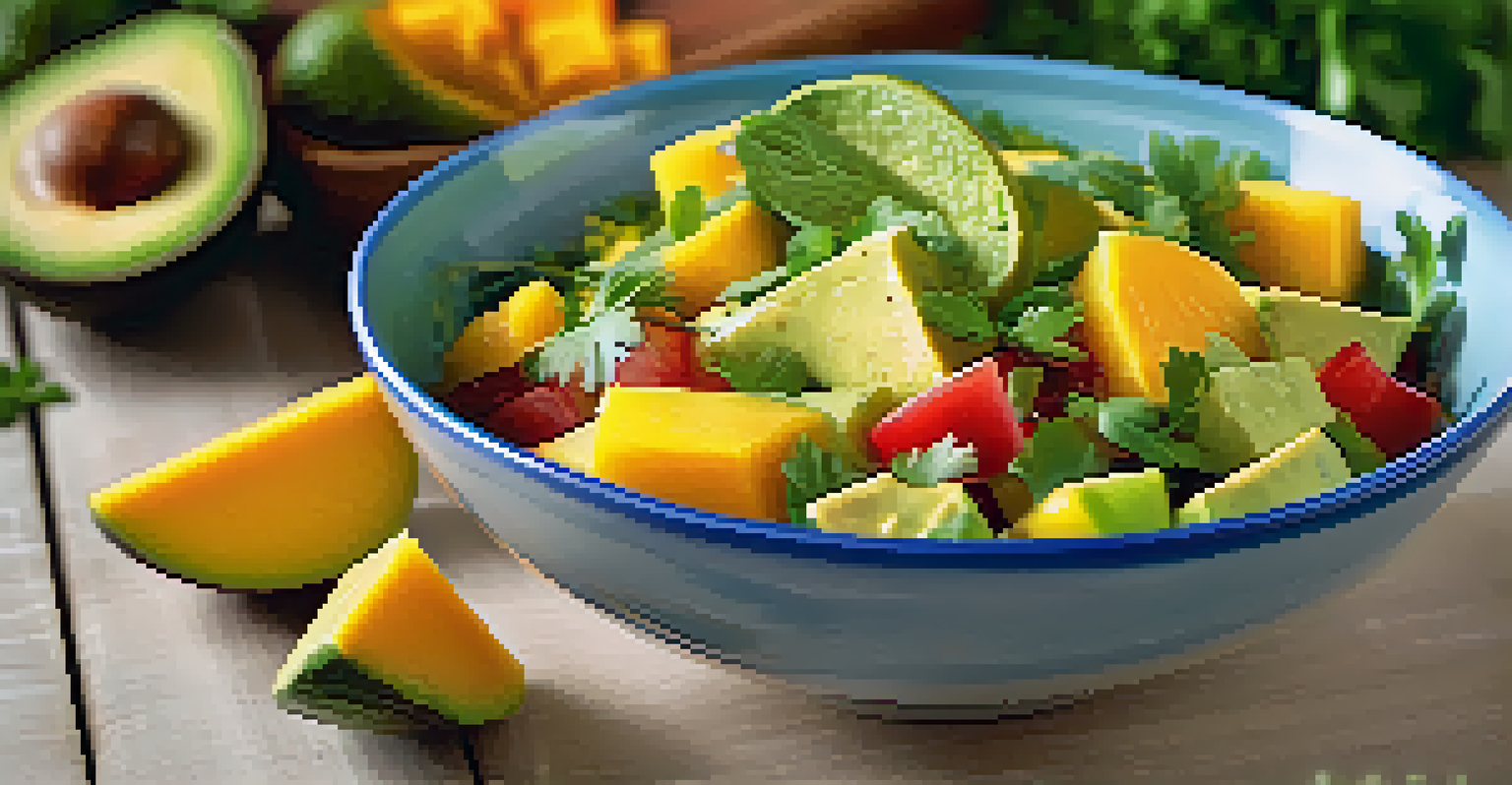 A tropical salad with mango and avocado in a clear glass bowl, garnished with cilantro, on a sunlit kitchen counter.