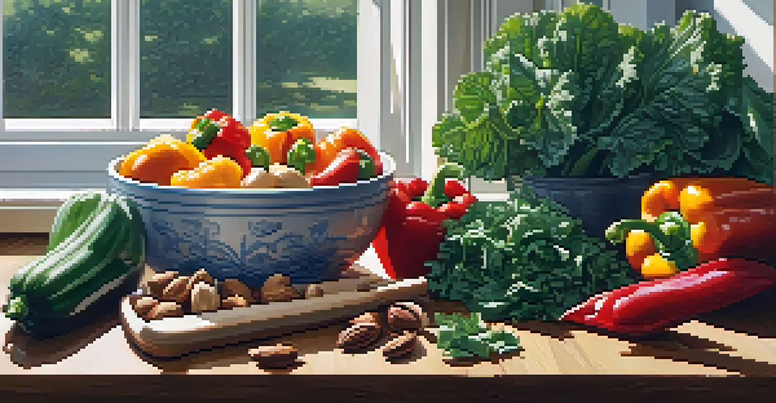 A wooden cutting board with fresh vegetables like kale and bell peppers, a knife, and nuts, illuminated by soft morning light in a kitchen.