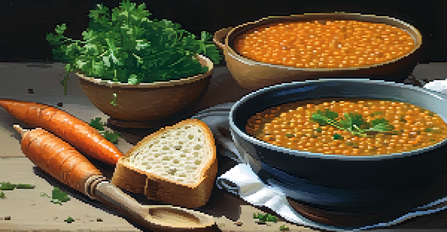A close-up of lentil soup in a bowl, garnished with parsley and olive oil, with a slice of bread and a spoon beside it.