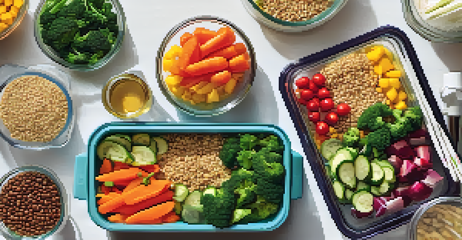 An overhead view of meal prep containers filled with colorful vegetables and grains, accompanied by a notebook and pen.