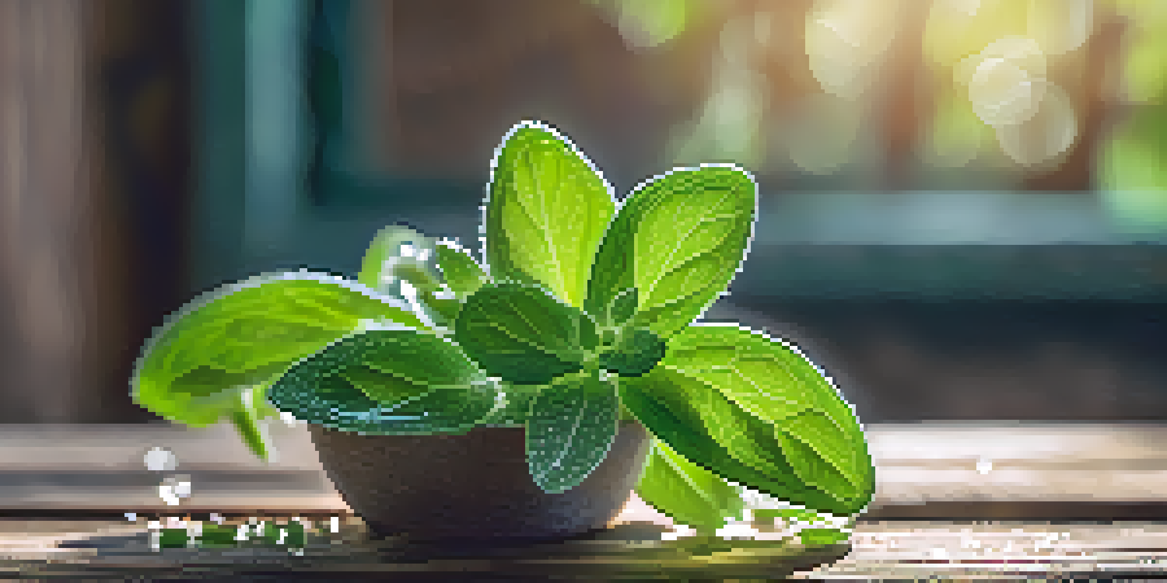 A close-up view of a green Stevia plant with dewdrops, illuminated by soft sunlight on a rustic wooden table.