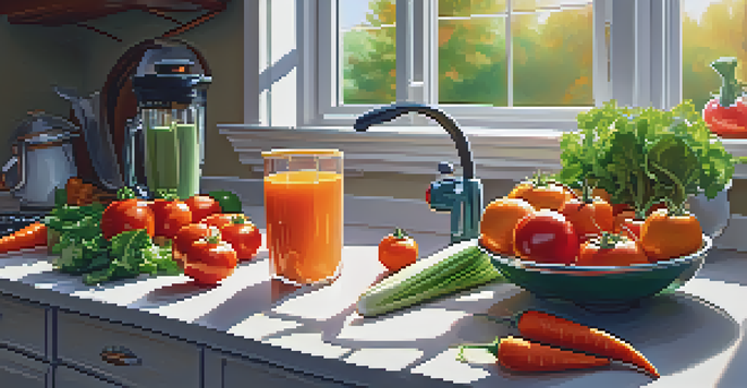 A colorful kitchen scene with a blender and fresh vegetables illuminated by warm sunlight.